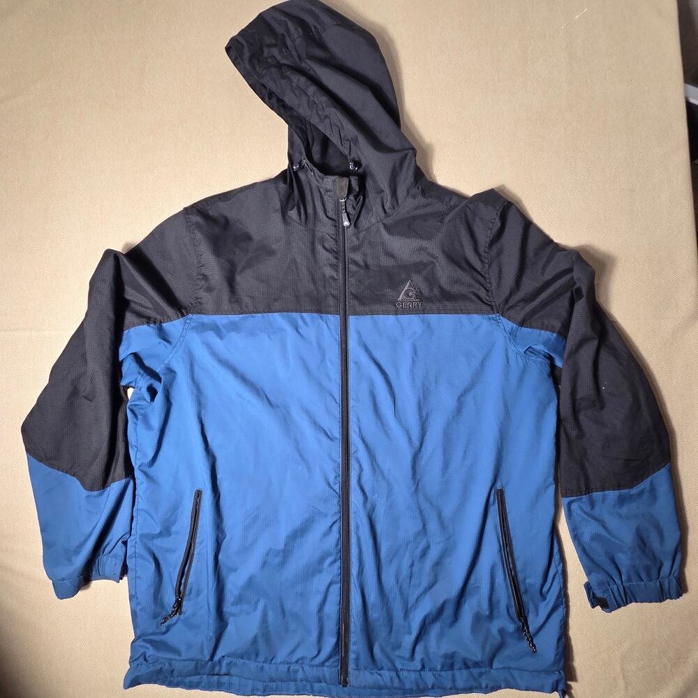 Gerry Men XXL Colorblock Hooded Windbreaker Rain Jacket Blue Black Ripstop